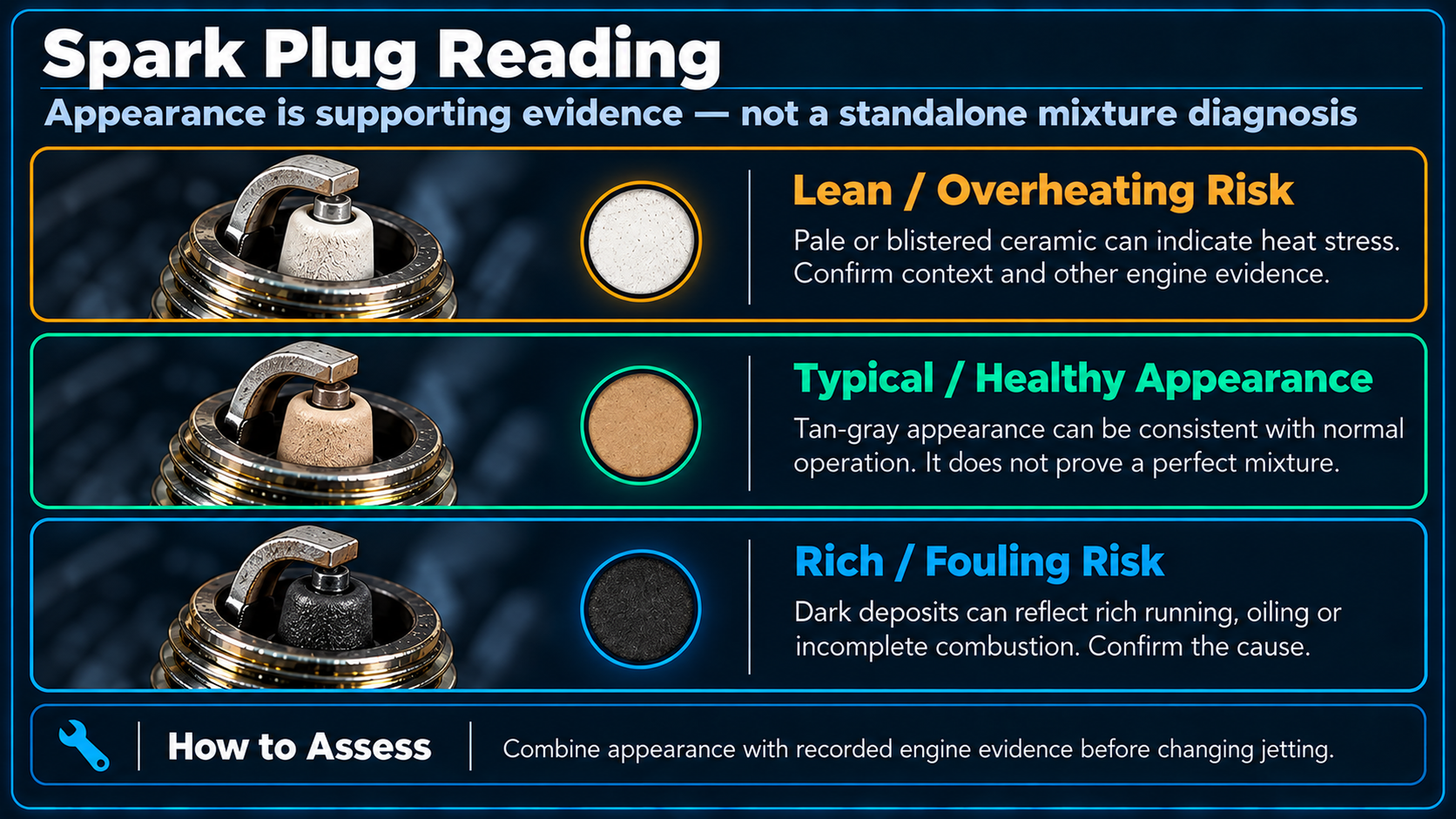 Three matched realistic plug firing-end views with pale, tan-grey and dark deposits, qualified risk labels and no automatic jetting instruction