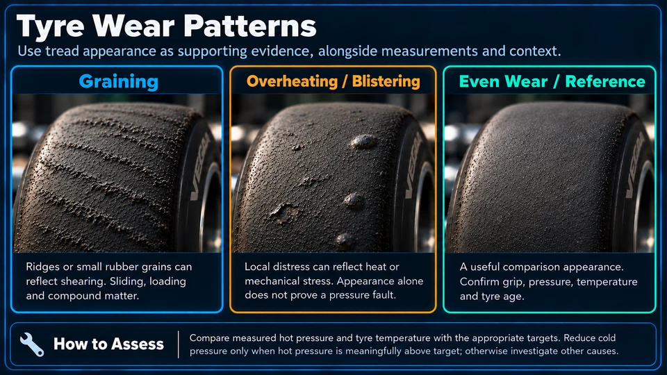 Three equally framed realistic slick-tyre surfaces showing shallow directional graining, local blister-like distress and fine even wear, with qualified measurement-led guidance